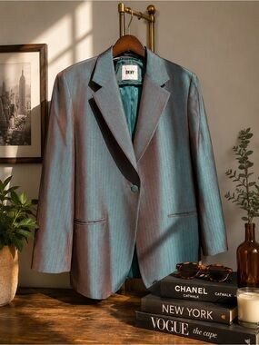 DKNY Vintage 90s Iridescent Pinstripe Blazer Jacket Teal Brown Shimmer Size 10
